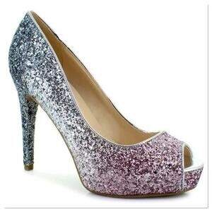 MARC FISHER Harpyly Glam Ombre Glitter Platform Peep Toe Heels Silver Size 8.5